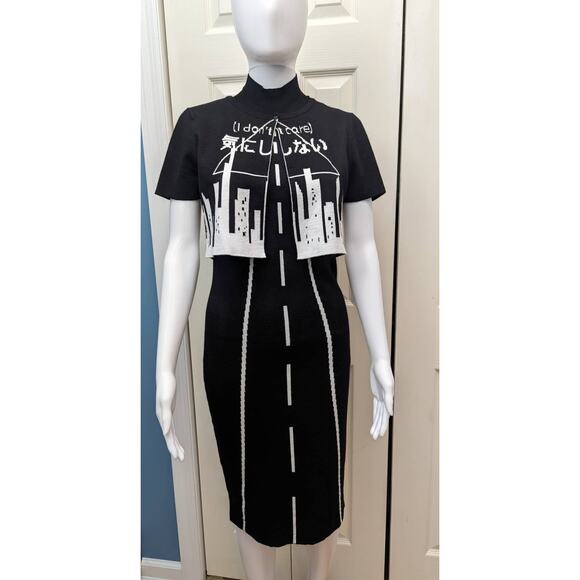 J Mujet X Designow Dress And Cardigan Crop Set I Don't Care Graphic City Print - Picture 2 of 15